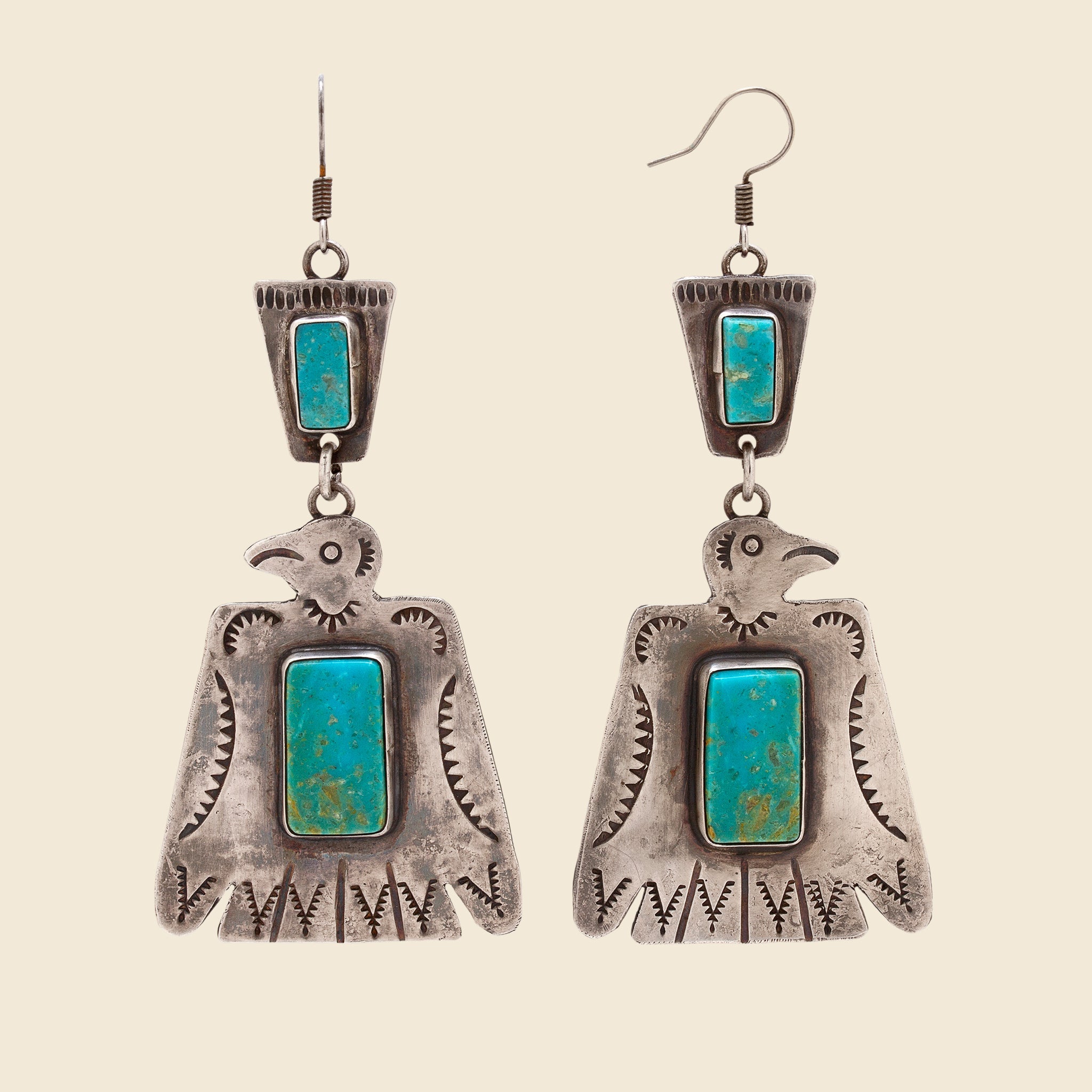 Stamped Sterling & Turquoise Thunderbird Dangle Hook Earrings - Silver - Vintage - STAG Provisions - W - One & Done - Accessories & Jewelry